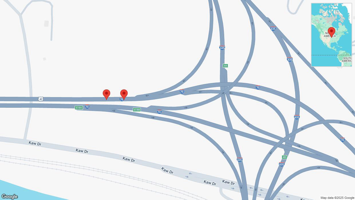 A detailed map that shows the affected road due to 'Broken down vehicle on westbound I-70 in Kansas City' on March 18th at 4:07 p.m.