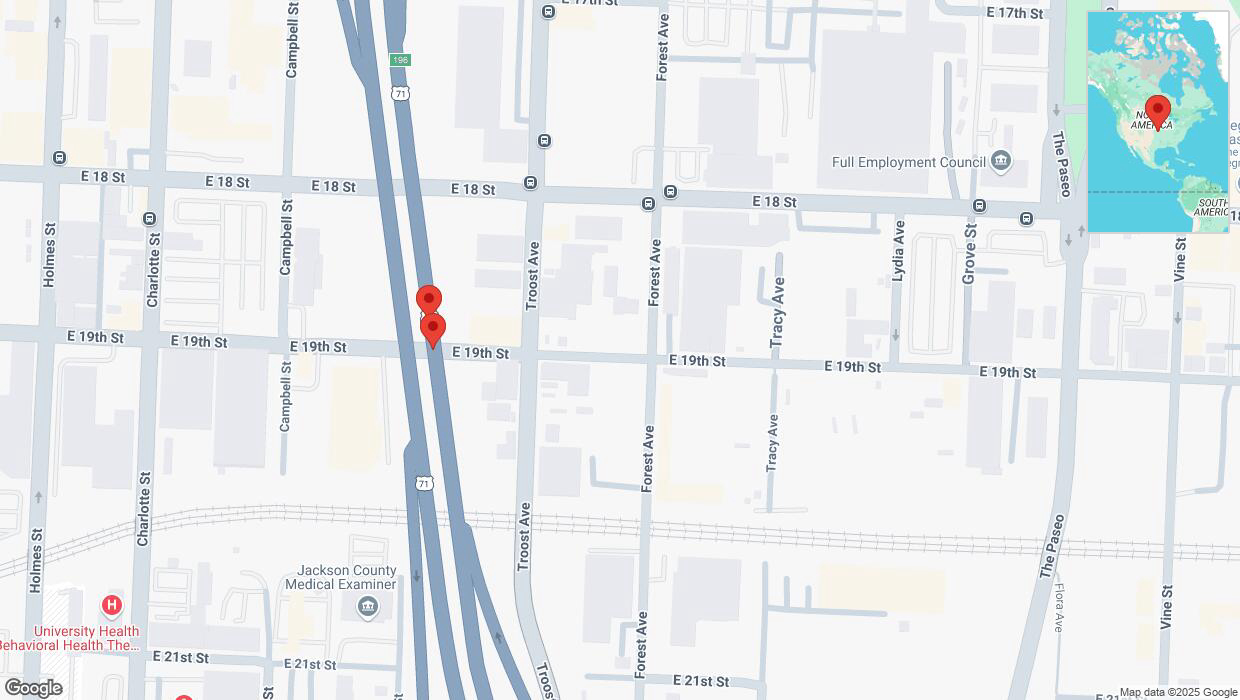 A detailed map that shows the affected road due to 'Broken down vehicle on northbound US-71 in Kansas City' on March 18th at 5:24 p.m.