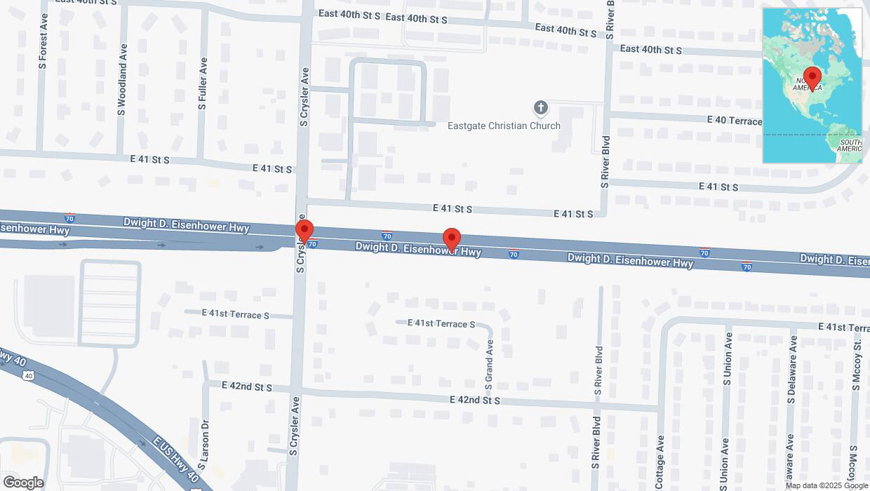 A detailed map that shows the affected road due to 'Broken down vehicle on eastbound I-70 in Independence' on March 18th at 5:08 p.m.