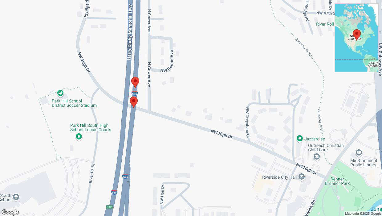 A detailed map that shows the affected road due to 'Broken down vehicle on northbound I-635 in Riverside' on March 18th at 5:02 p.m.