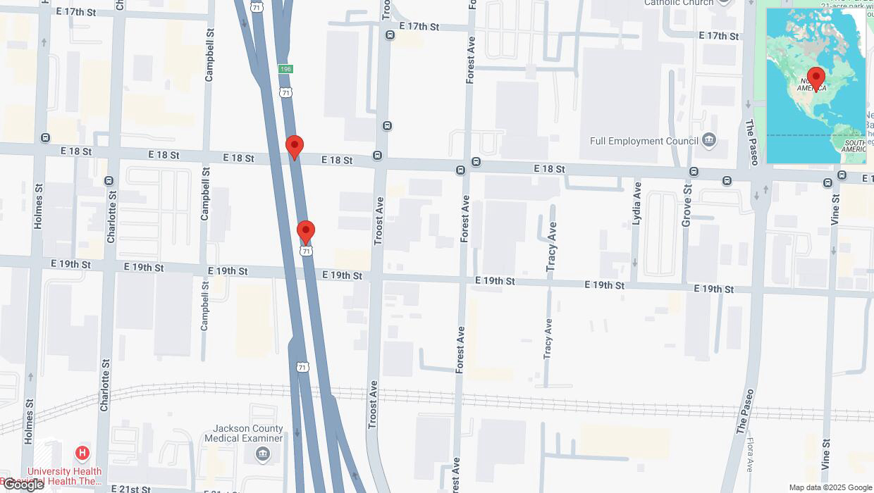 A detailed map that shows the affected road due to 'Broken down vehicle on northbound US-71 in Kansas City' on March 18th at 5:54 p.m.