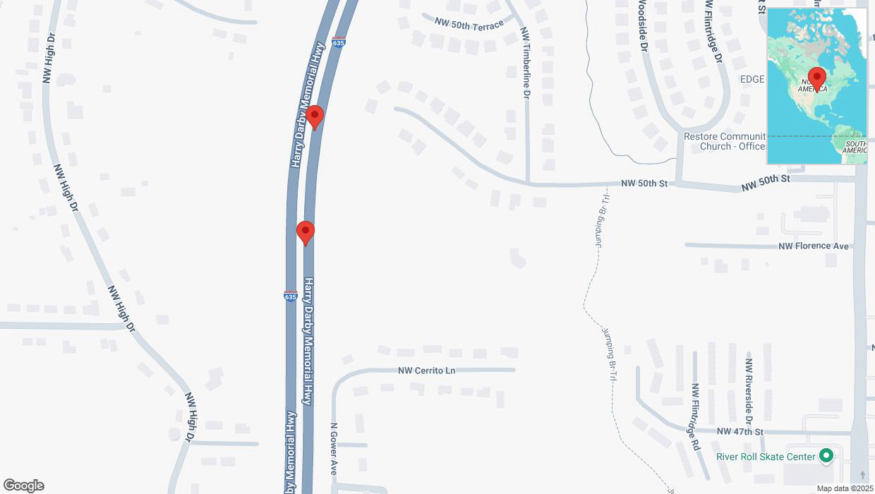 A detailed map that shows the affected road due to 'Broken down vehicle on northbound I-635 in Riverside' on March 18th at 6:22 p.m.