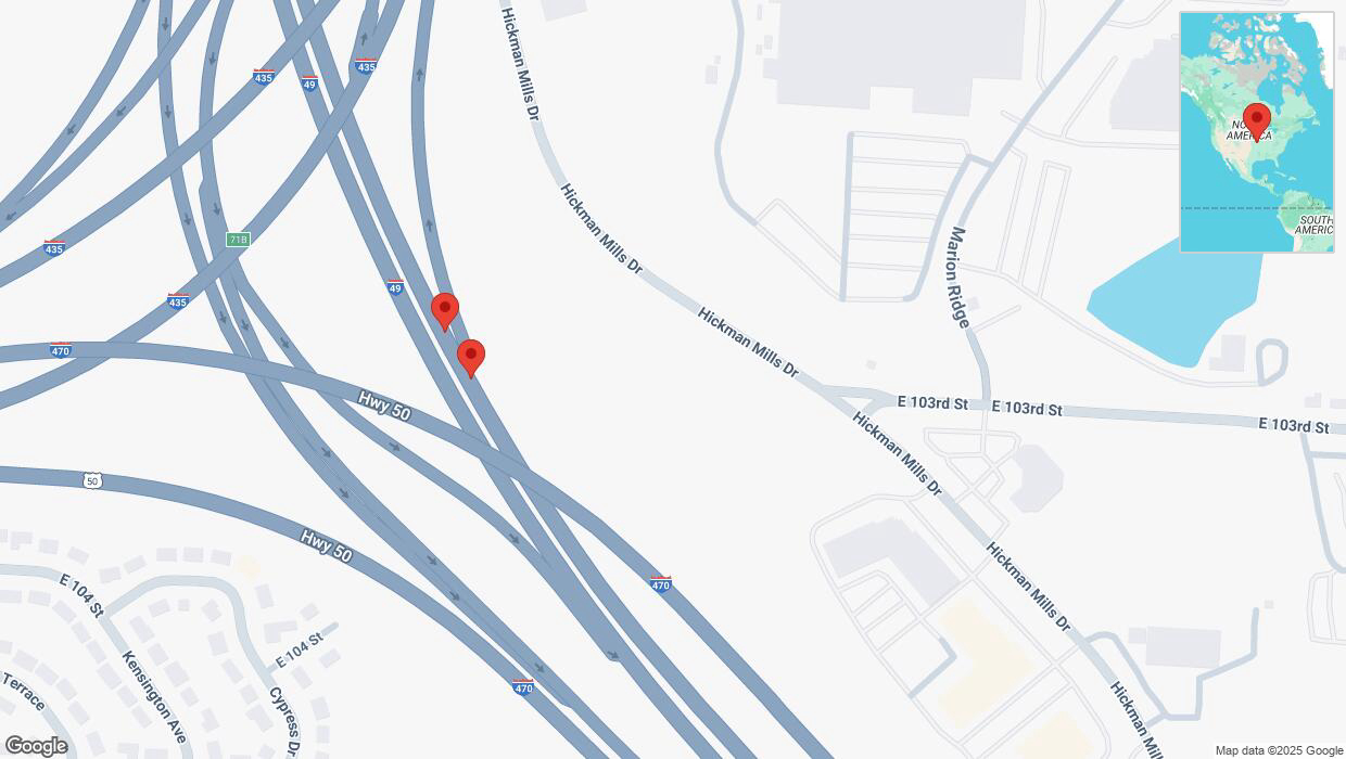 A detailed map that shows the affected road due to 'Broken down vehicle on northbound I-40/US-71 in Kansas City' on March 18th at 8:22 p.m.