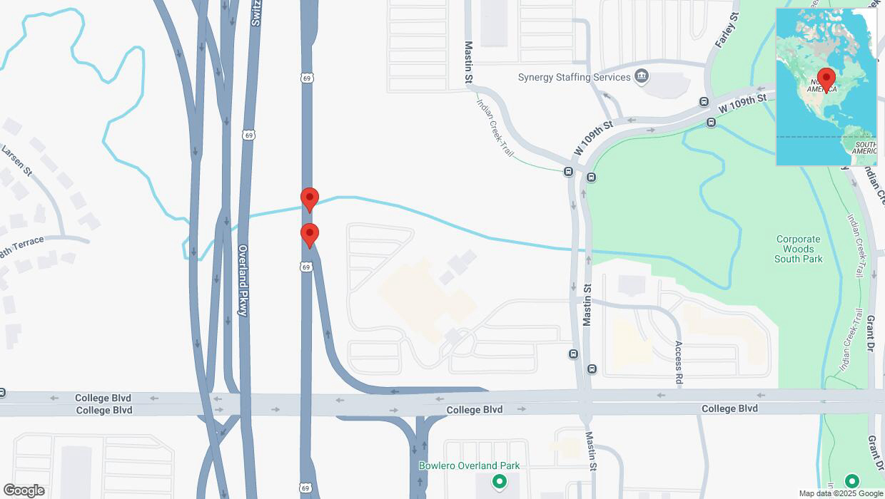 A detailed map that shows the affected road due to 'Broken down vehicle on northbound US-69 in Overland Park' on March 18th at 8 p.m.