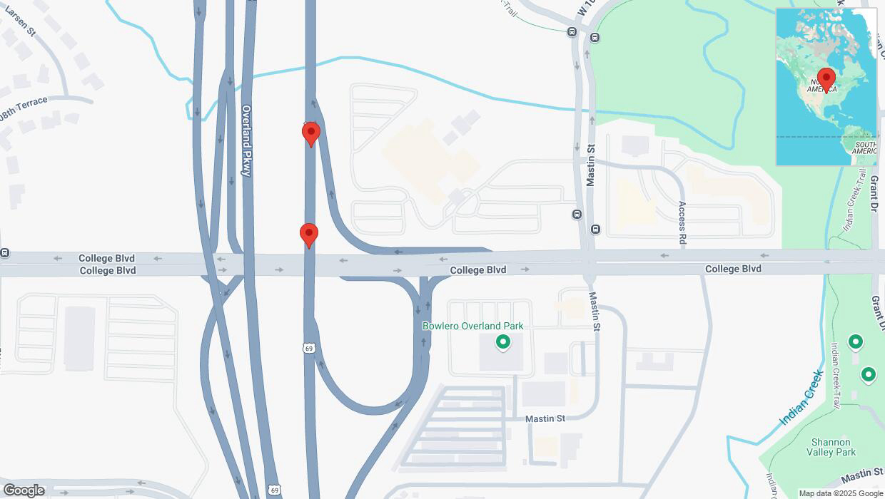 A detailed map that shows the affected road due to 'Broken down vehicle on northbound US-69 in Overland Park' on March 18th at 8:35 p.m.