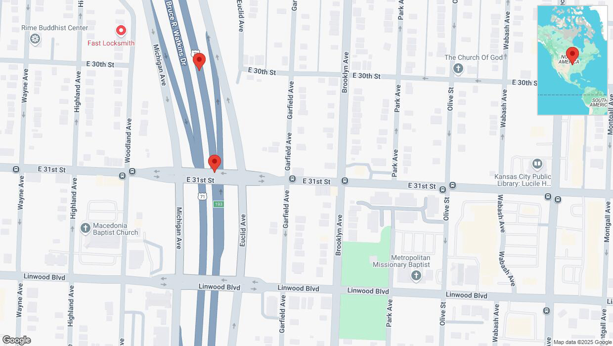 A detailed map that shows the affected road due to 'Broken down vehicle on northbound US-71 in Kansas City' on March 18th at 10:59 p.m.