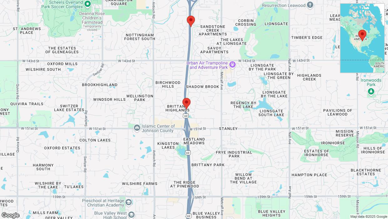 A detailed map that shows the affected road due to 'Lane on US-69 closed in Overland Park' on March 20th at 2:09 p.m.