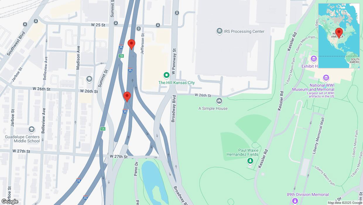 A detailed map that shows the affected road due to 'Broken down vehicle on northbound I-35 in Kansas City' on March 20th at 9:48 p.m.