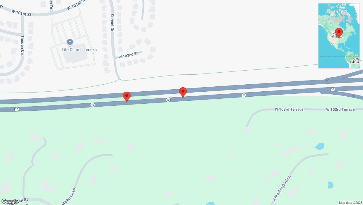 A detailed map that shows the affected road due to 'Broken down vehicle on eastbound K-10 in Lenexa' on March 19th at 12:12 p.m.