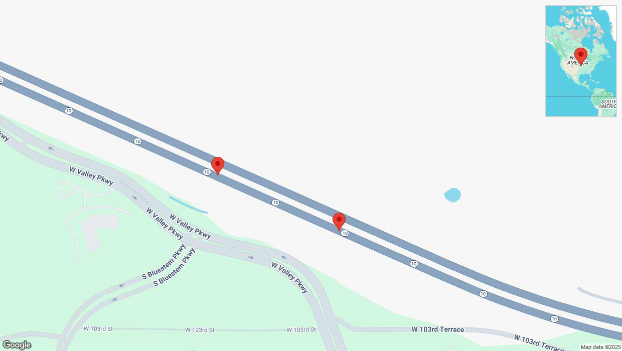 A detailed map that shows the affected road due to 'Broken down vehicle on eastbound K-10 in Lenexa' on March 19th at 12:22 p.m.