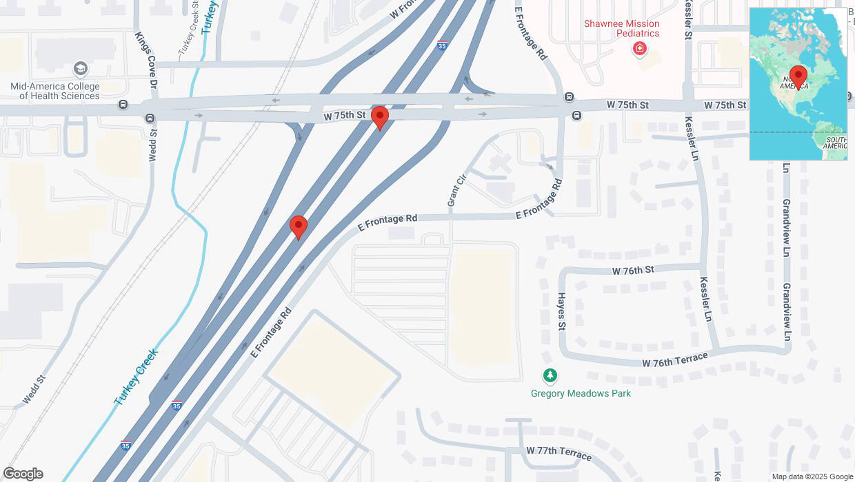 A detailed map that shows the affected road due to 'Broken down vehicle on eastbound I-35 in Overland Park' on March 19th at 1:21 p.m.