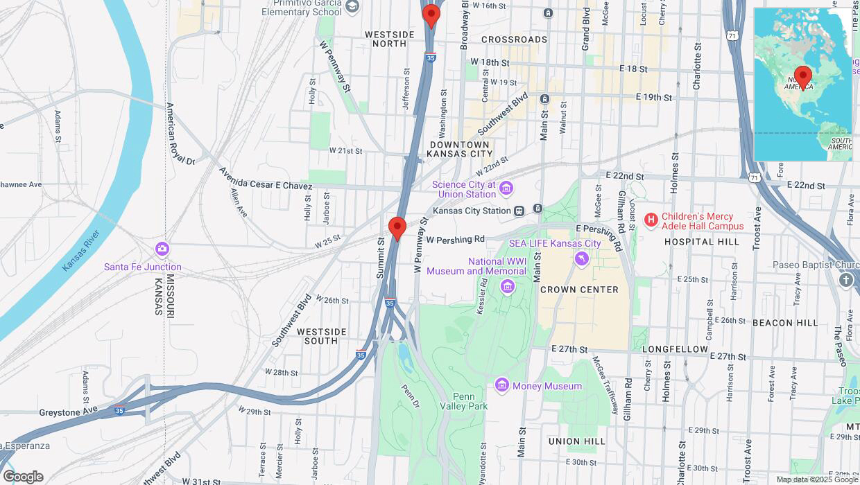 A detailed map that shows the affected road due to 'Heavy rain prompts traffic advisory on northbound I-35 in Kansas City' on March 19th at 2:54 p.m.