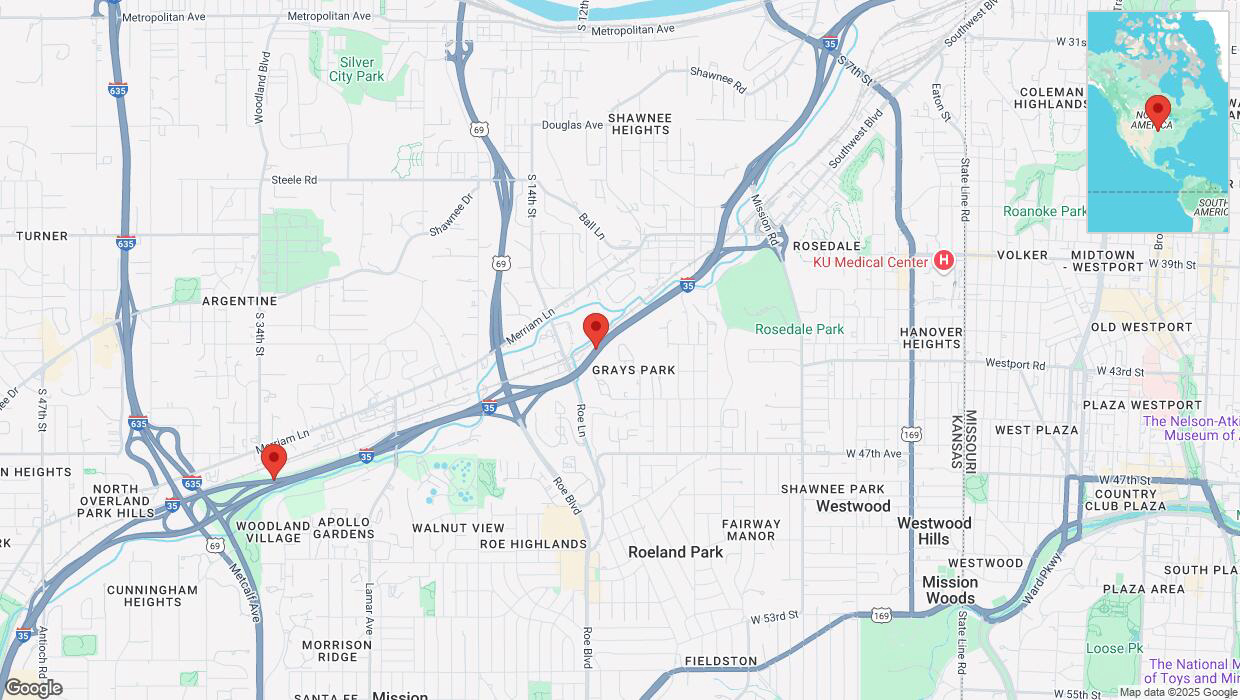 A detailed map that shows the affected road due to 'Traffic alert issued due to heavy rain conditions on southbound I-35 in Kansas City' on March 19th at 3:06 p.m.