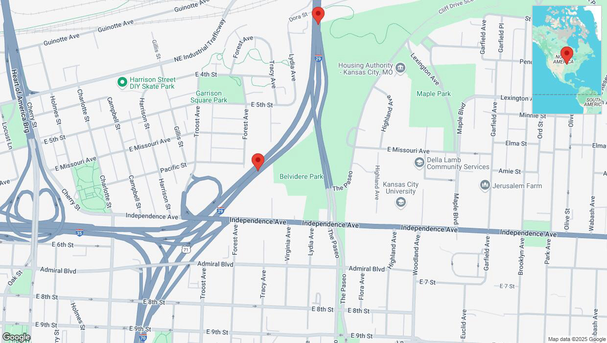 A detailed map that shows the affected road due to 'Heavy rain prompts traffic warning on northbound I-35 in Kansas City' on March 19th at 3:46 p.m.