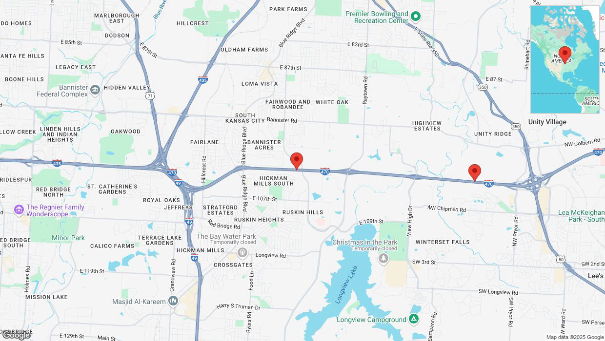 A detailed map that shows the affected road due to 'Traffic alert issued due to heavy rain conditions on eastbound I-470 in Kansas City' on March 19th at 3:57 p.m.