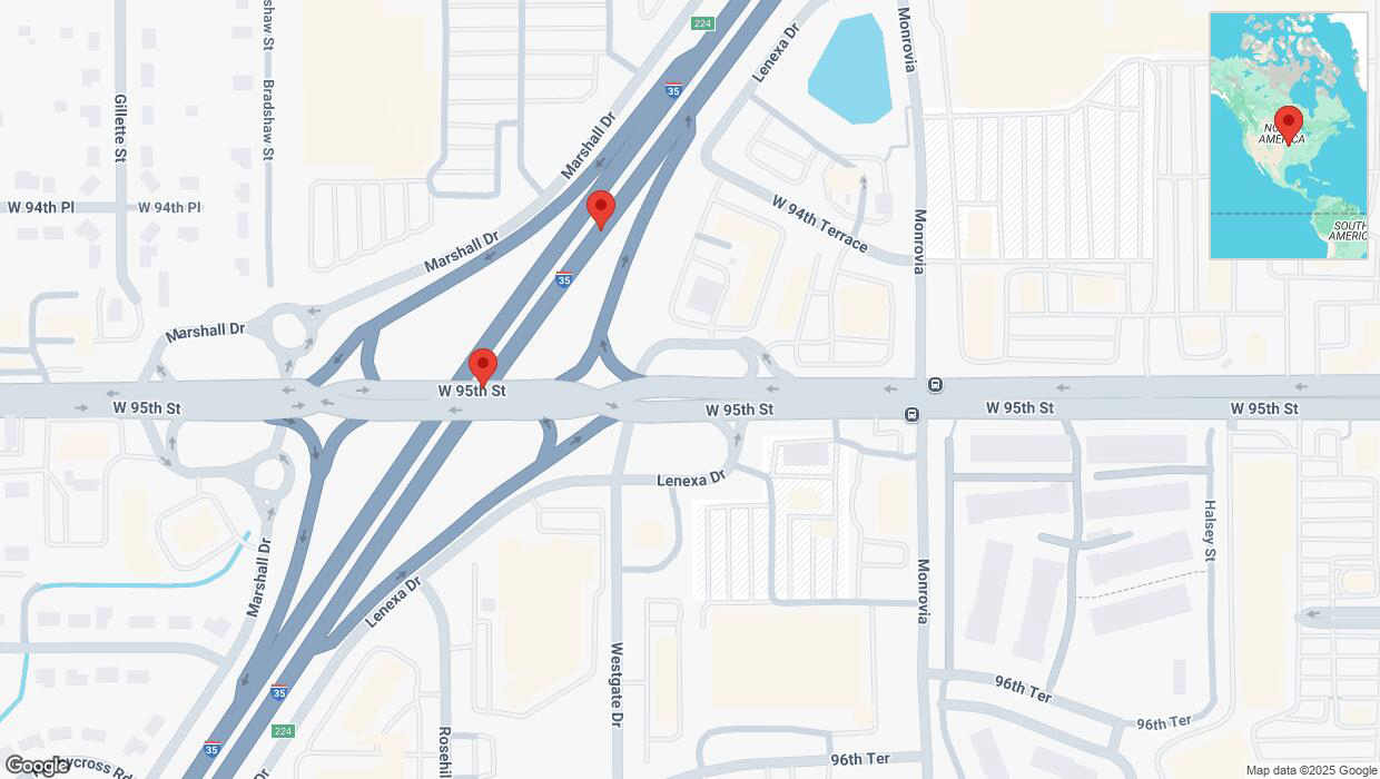 A detailed map that shows the affected road due to 'Broken down vehicle on eastbound I-35 in Lenexa' on March 19th at 4:09 p.m.