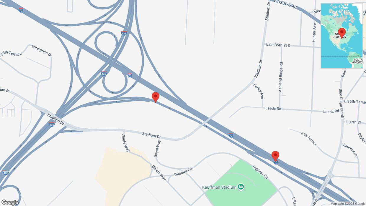 A detailed map that shows the affected road due to 'Drivers cautioned as heavy rain triggers traffic concerns on the George Brett Super Highway in Kansas City' on March 19th at 4:15 p.m.