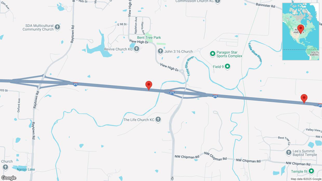 A detailed map that shows the affected road due to 'Drivers cautioned as heavy rain triggers traffic concerns on eastbound I-470 in Kansas City' on March 19th at 4:15 p.m.