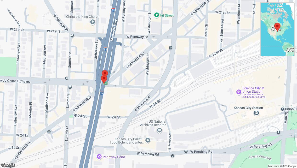 A detailed map that shows the affected road due to 'Broken down vehicle on northbound I-35 in Kansas City' on March 19th at 4:45 p.m.