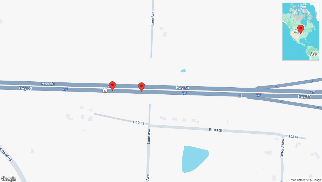A detailed map that shows the affected road due to 'Broken down vehicle on eastbound I-470 in Kansas City' on March 19th at 5:03 p.m.