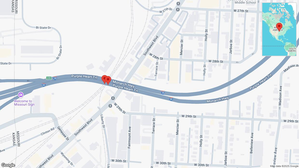A detailed map that shows the affected road due to 'Broken down vehicle on northbound I-35 in Kansas City' on March 19th at 6:46 p.m.