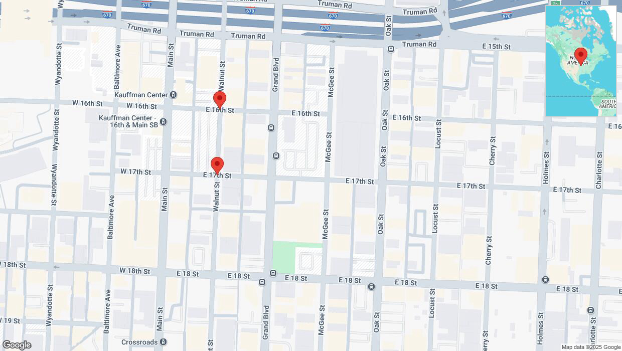 A detailed map that shows the affected road due to 'Kansas City: Walnut Street temporarily closed' on March 19th at 7:39 p.m.