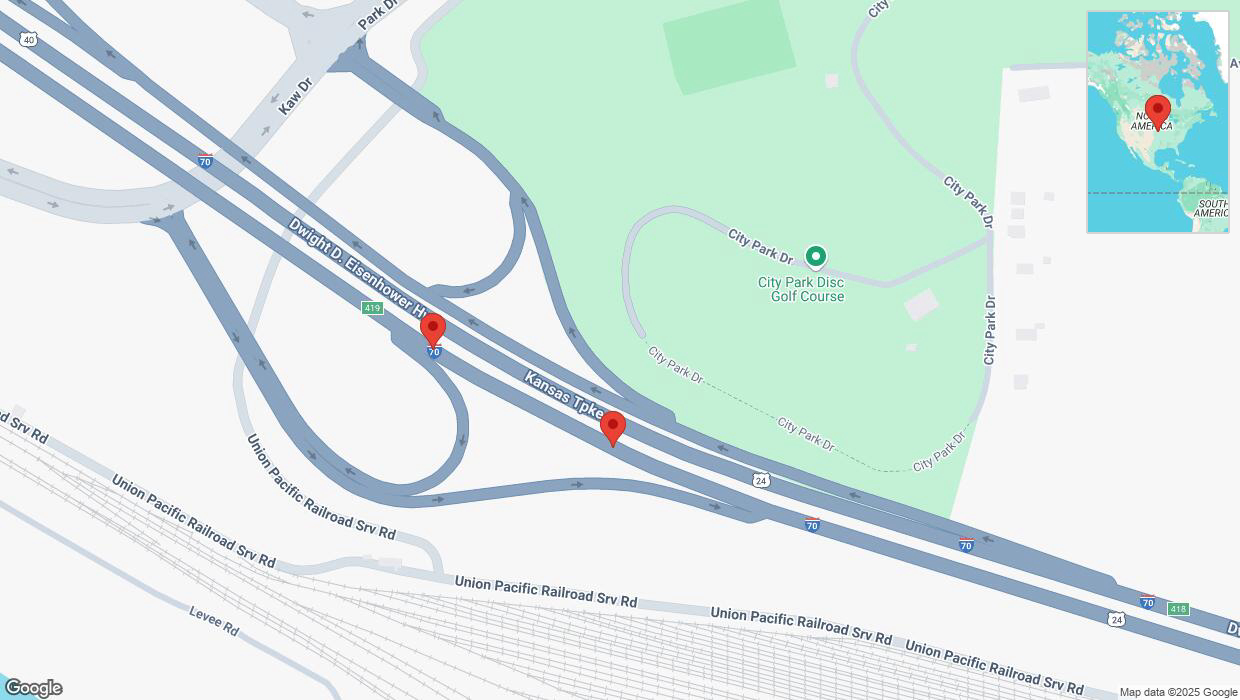 A detailed map that shows the affected road due to 'Broken down vehicle on eastbound I-70 in Kansas City' on March 20th at 12:05 p.m.