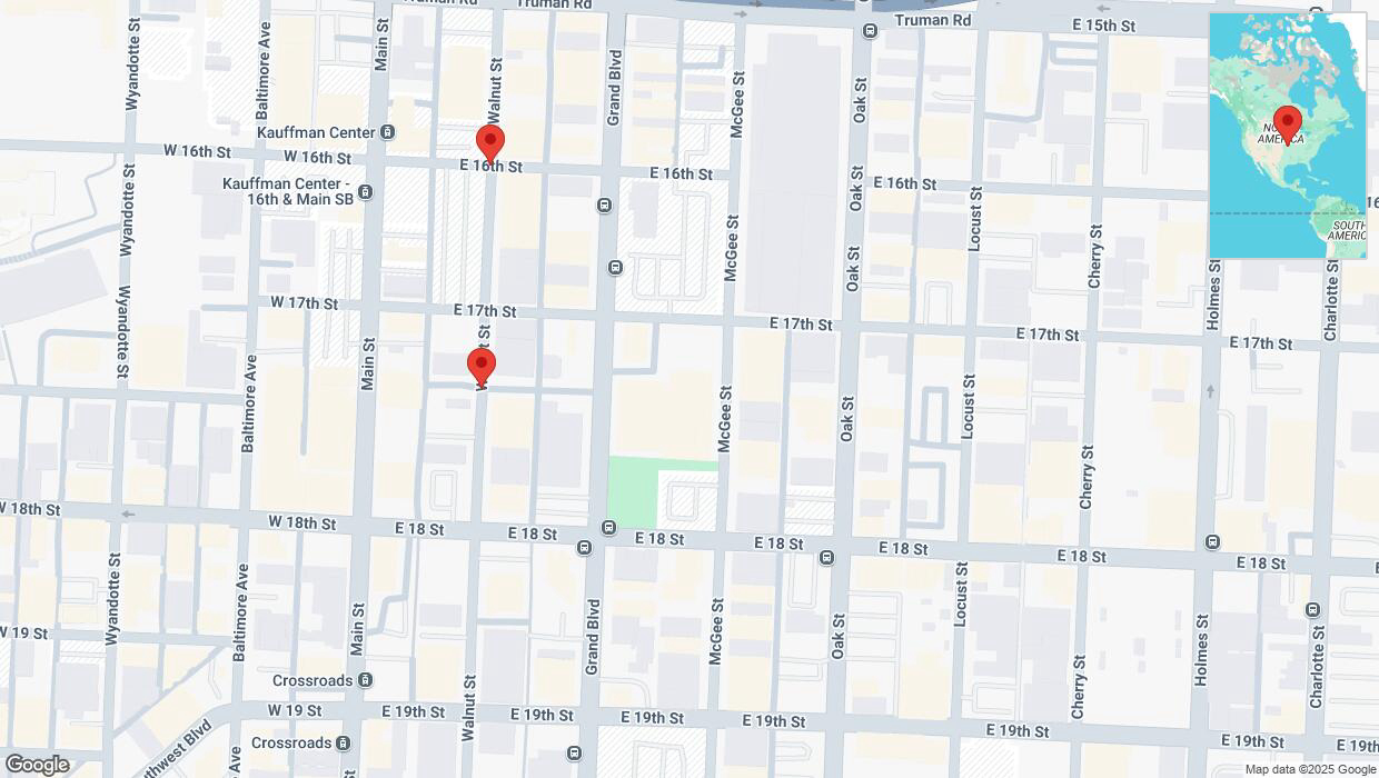 A detailed map that shows the affected road due to 'Kansas City: Walnut Street temporarily closed' on March 20th at 12:05 p.m.
