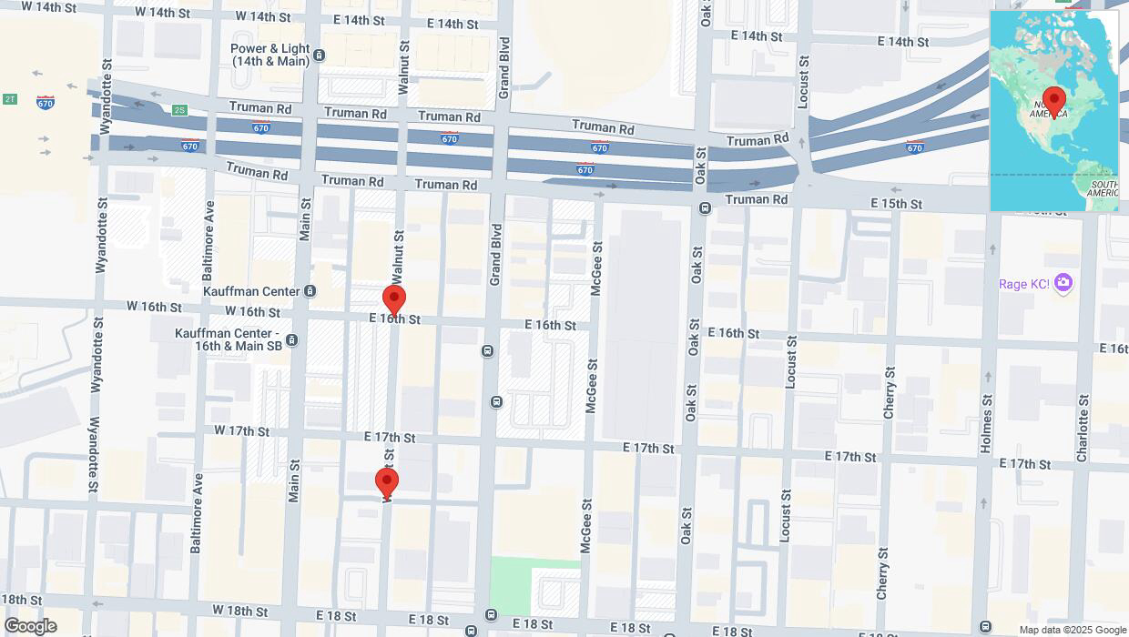 A detailed map that shows the affected road due to 'Walnut Street closed in Kansas City' on March 20th at 12:11 p.m.