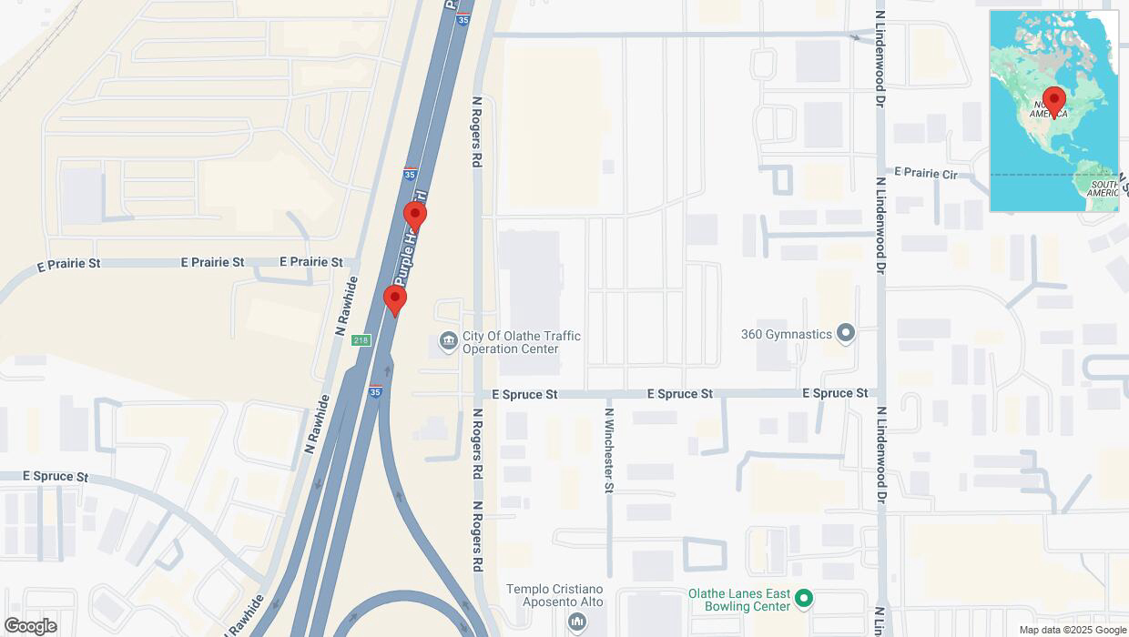 A detailed map that shows the affected road due to 'Broken down vehicle on eastbound I-35 in Olathe' on March 20th at 1:03 p.m.