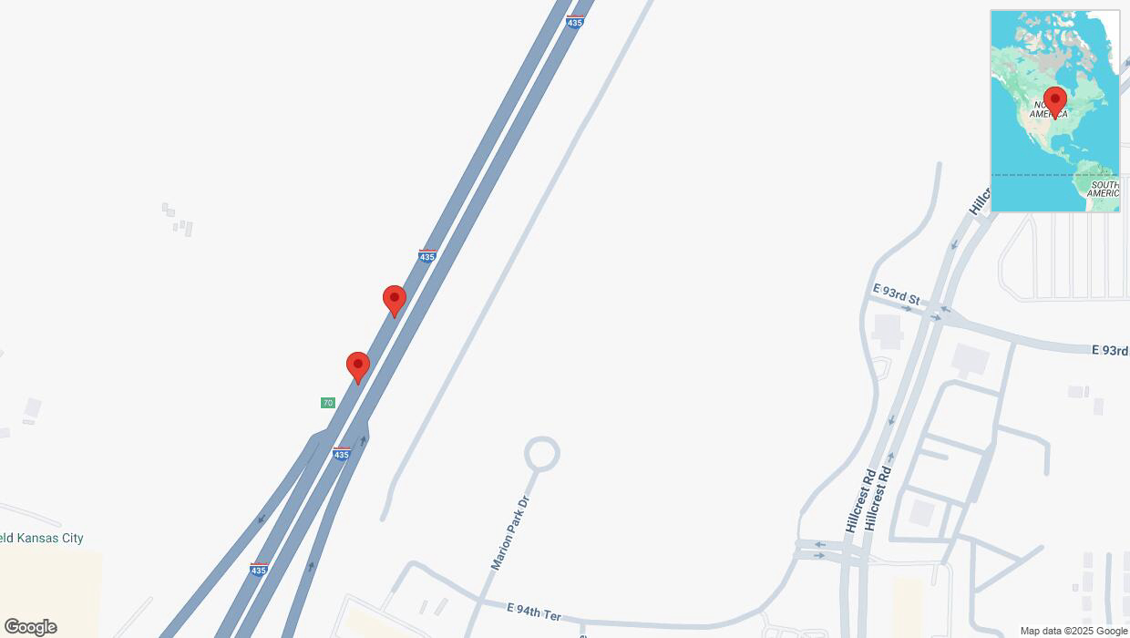A detailed map that shows the affected road due to 'Broken down vehicle on southbound I-435 in Kansas City' on March 20th at 2:03 p.m.