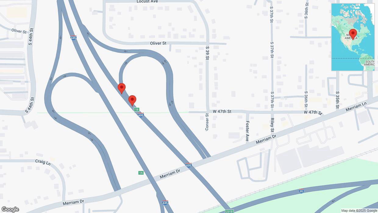 A detailed map that shows the affected road due to 'Broken down vehicle on northbound I-635 in Kansas City' on March 20th at 2:50 p.m.