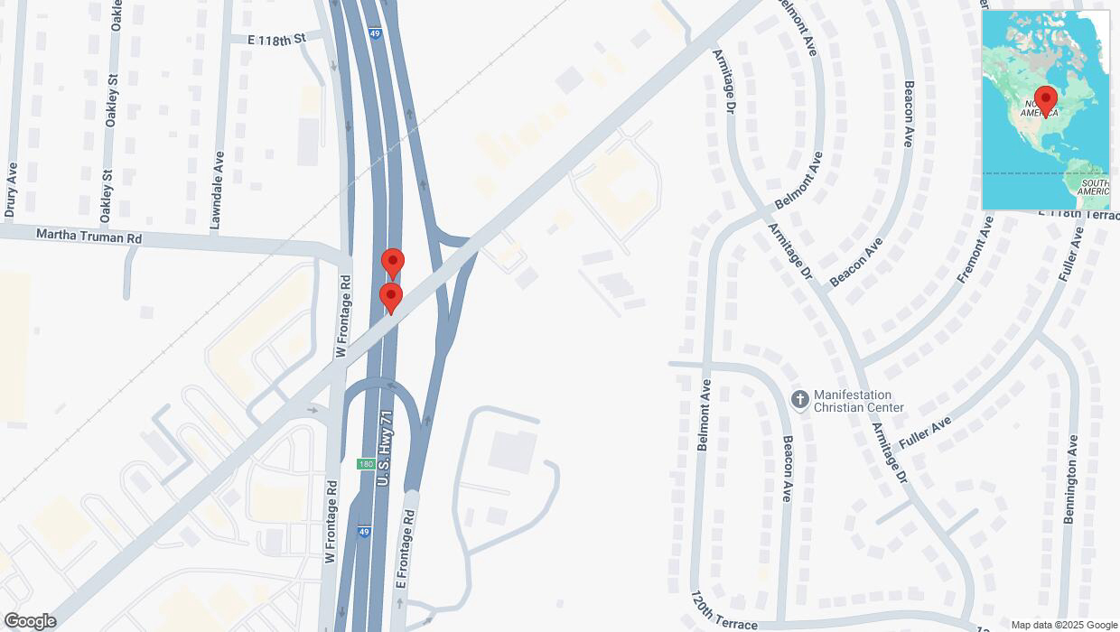 A detailed map that shows the affected road due to 'Broken down vehicle on northbound I-40/US-71 in Kansas City' on March 20th at 3:08 p.m.