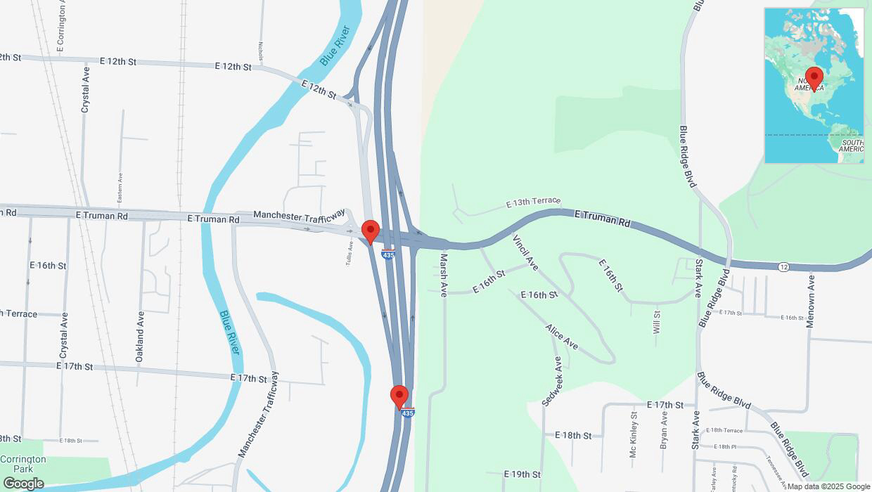 A detailed map that shows the affected road due to 'Crash reported on Missouri 12 in Kansas City' on March 20th at 3:14 p.m.