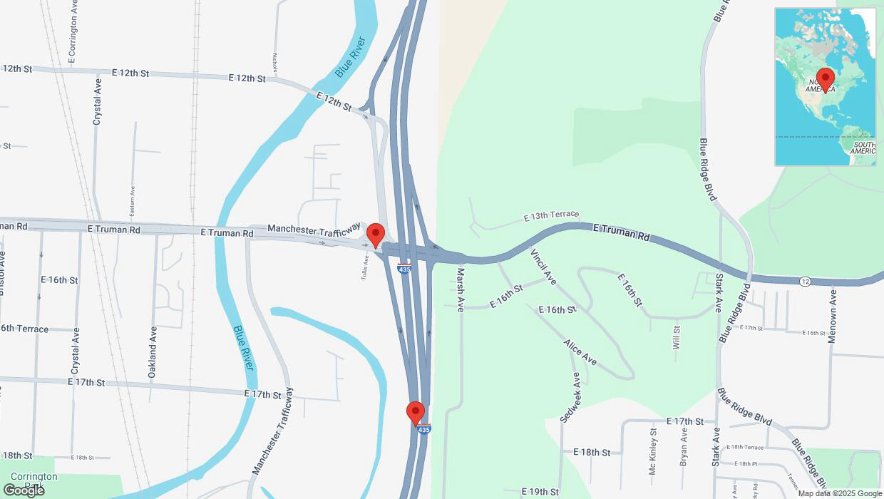 A detailed map that shows the affected road due to 'Kansas City: East Truman Road temporarily closed' on March 20th at 3:19 p.m.