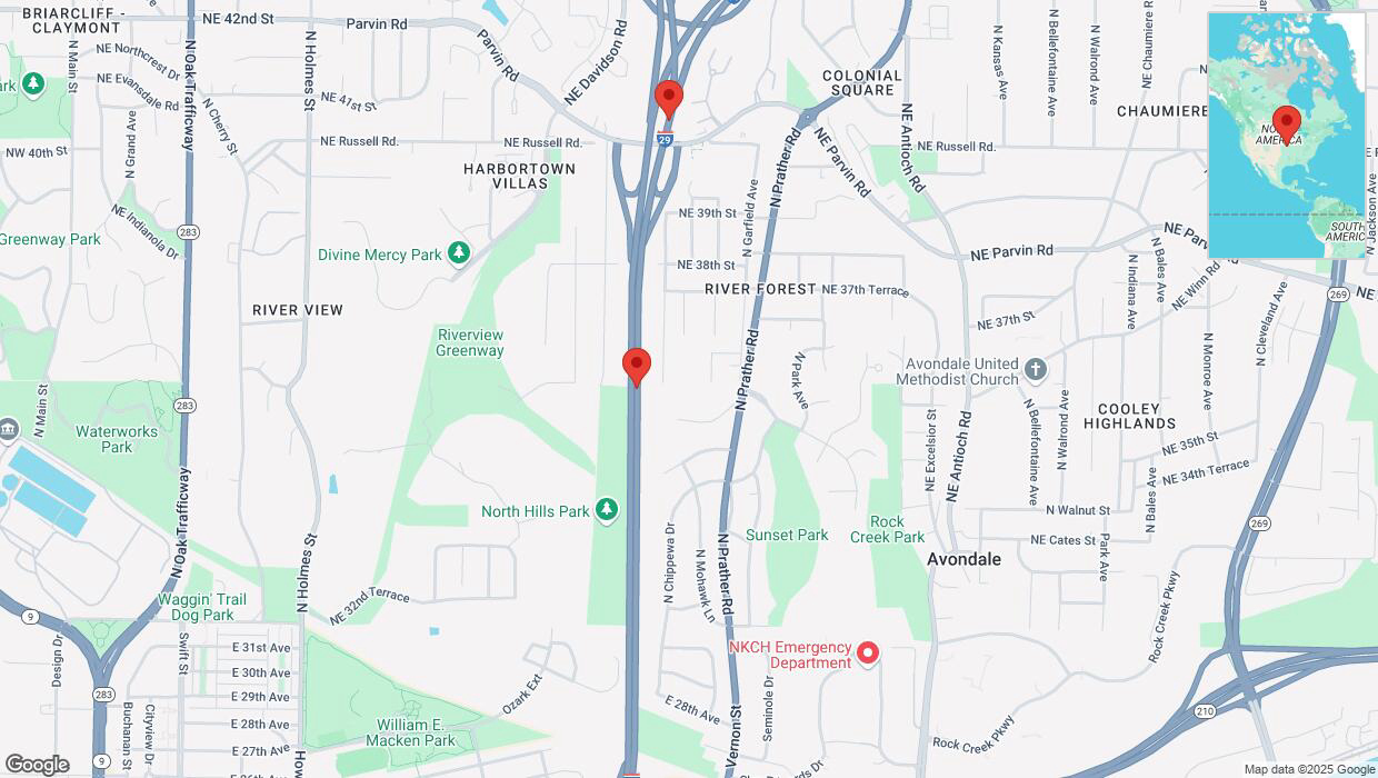 A detailed map that shows the affected road due to 'Warning in Kansas City: Crash reported on northbound I-29/I-35' on March 20th at 3:31 p.m.