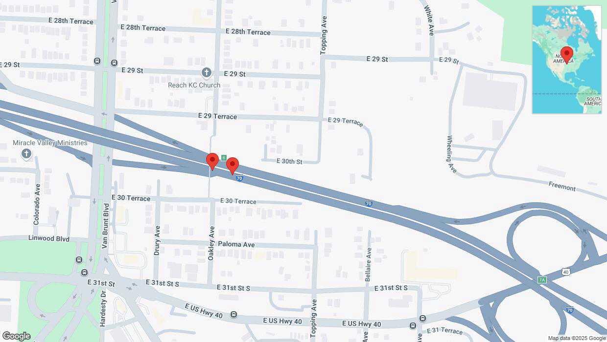 A detailed map that shows the affected road due to 'Broken down vehicle on eastbound I-70 in Kansas City' on March 20th at 4:11 p.m.