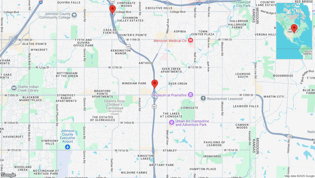 A detailed map that shows the affected road due to 'Lane on US-69 closed in Overland Park' on March 20th at 10:11 p.m.