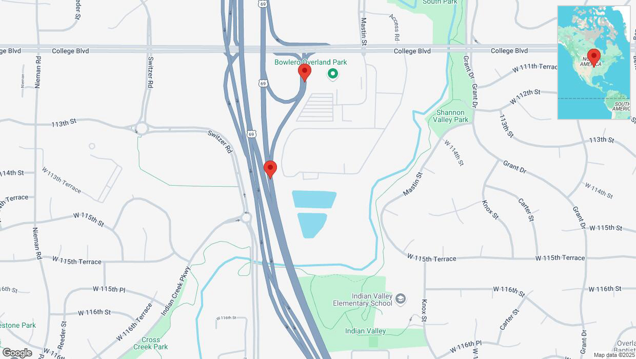 A detailed map that shows the affected road due to 'Broken down vehicle on Switzer Bypass in Overland Park' on March 20th at 4:57 p.m.