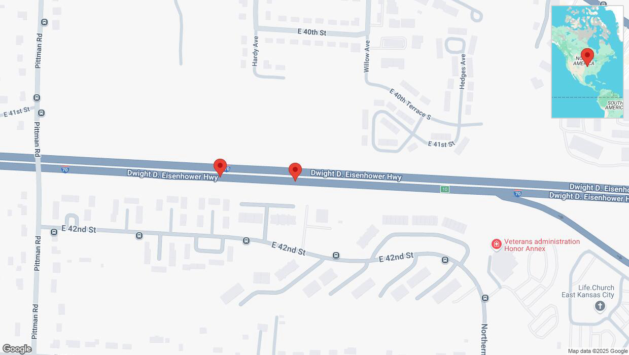 A detailed map that shows the affected road due to 'Broken down vehicle on eastbound I-70 in Kansas City' on March 20th at 7:32 p.m.
