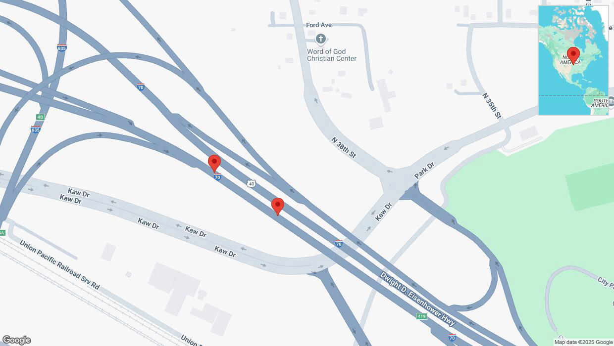 A detailed map that shows the affected road due to 'Broken down vehicle on eastbound I-70 in Kansas City' on March 20th at 8:07 p.m.