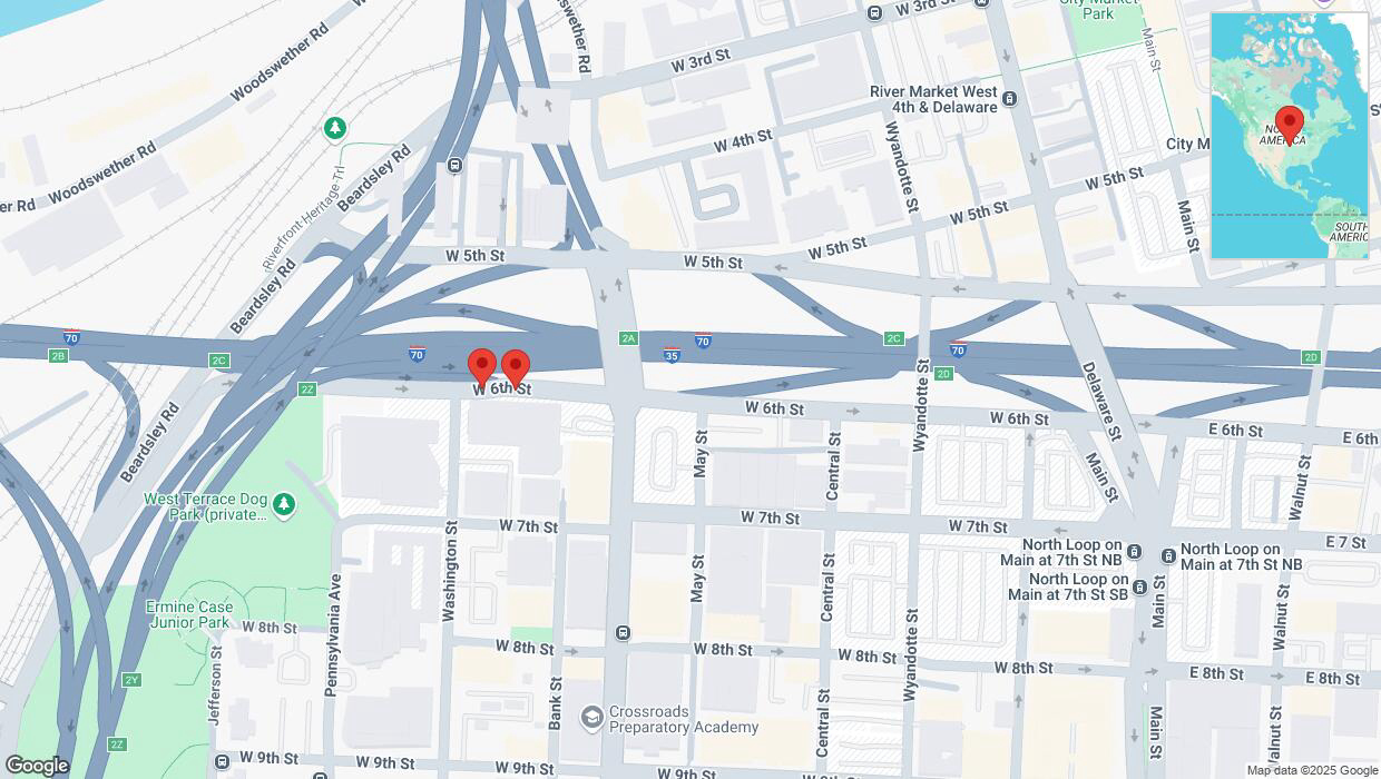 A detailed map that shows the affected road due to 'Broken down vehicle on northbound US-169 North in Kansas City' on March 20th at 9:36 p.m.