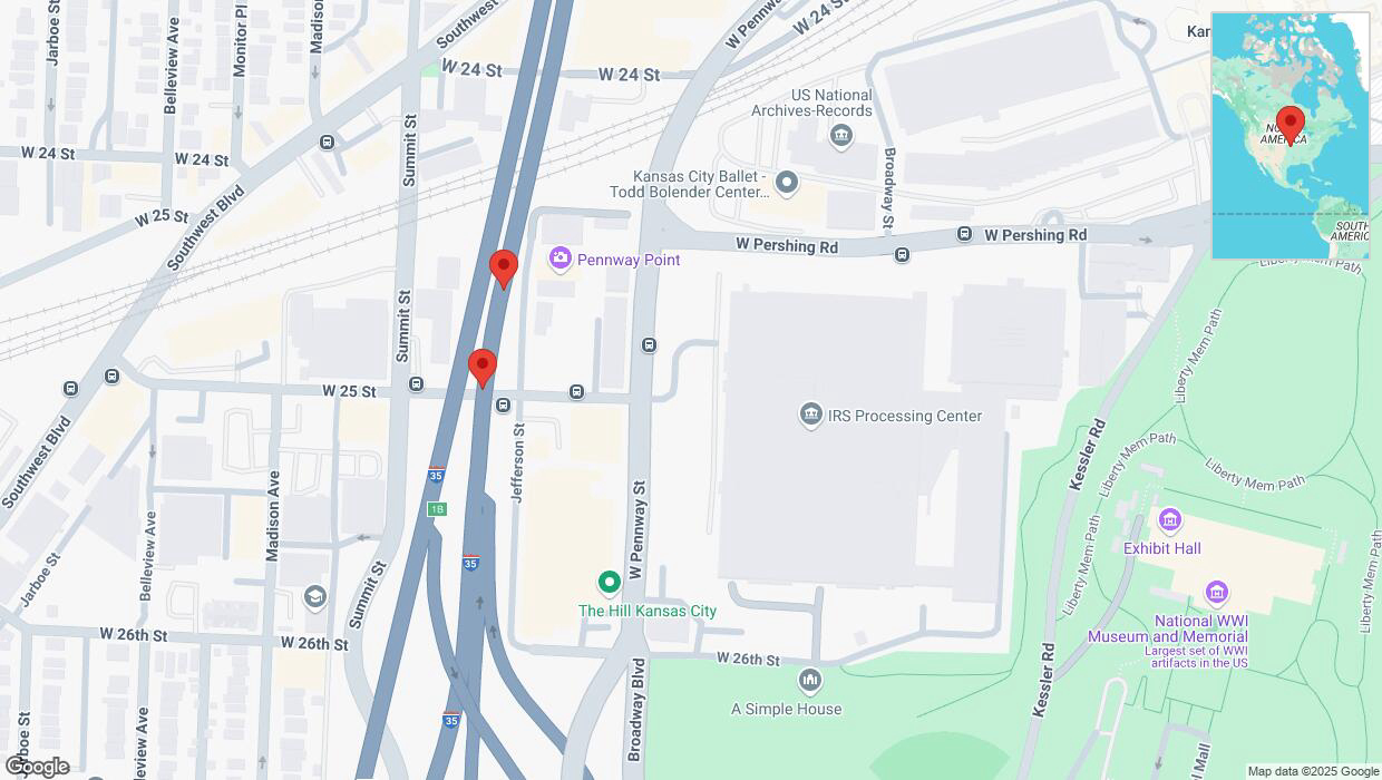 A detailed map that shows the affected road due to 'Broken down vehicle on northbound I-35 in Kansas City' on March 20th at 9:41 p.m.