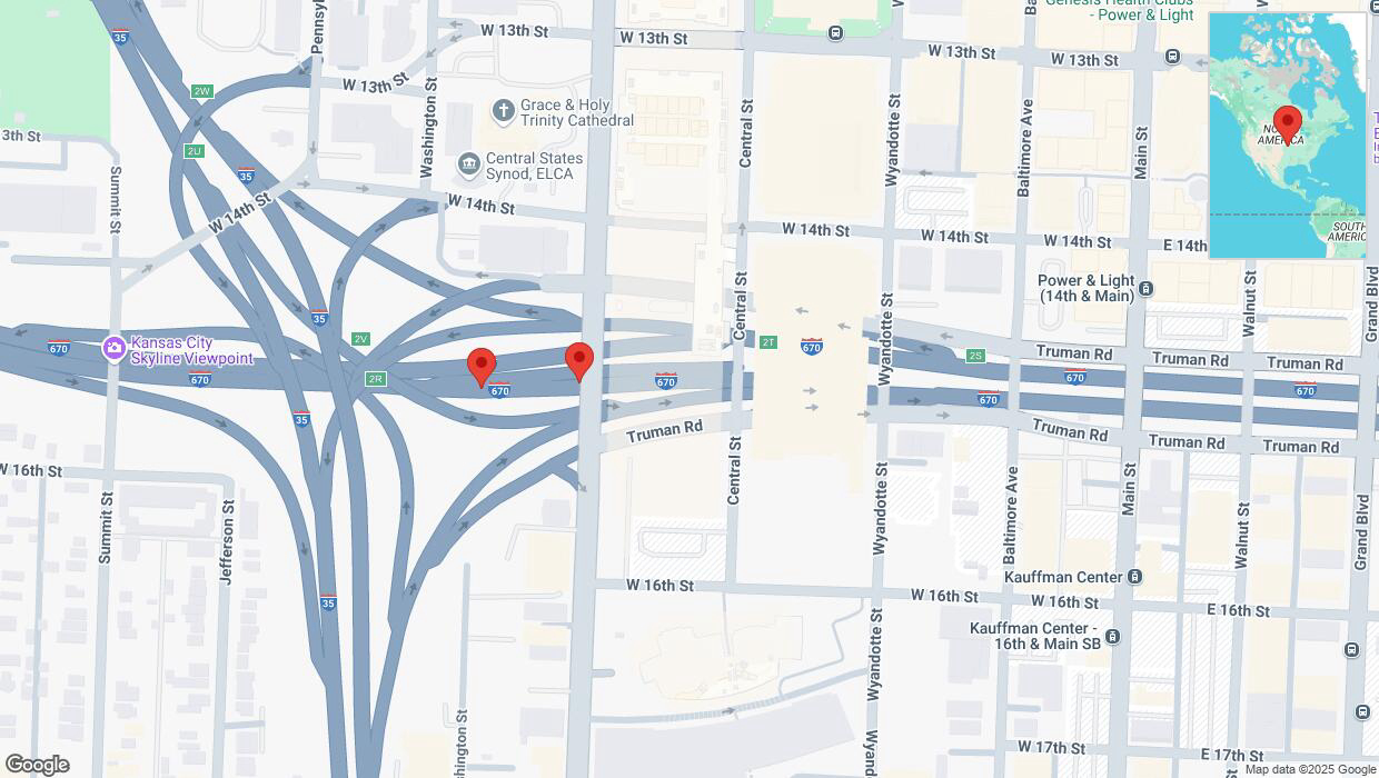A detailed map that shows the affected road due to 'Broken down vehicle on eastbound I-670 in Kansas City' on March 21st at 11:59 a.m.