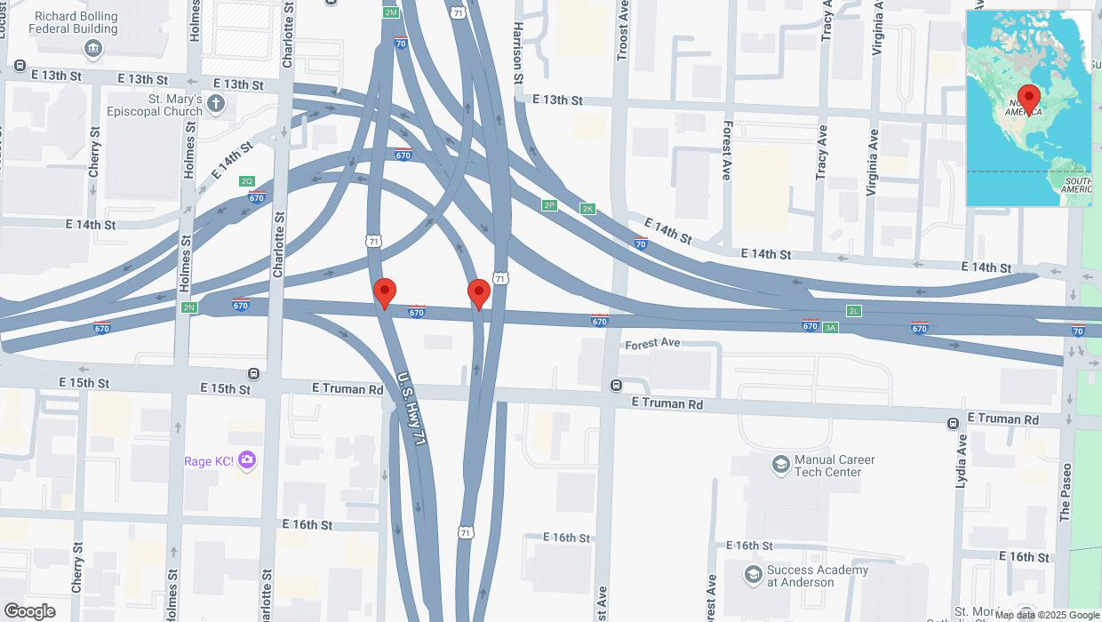 A detailed map that shows the affected road due to 'Broken down vehicle on eastbound I-670 in Kansas City' on March 21st at 1:20 p.m.