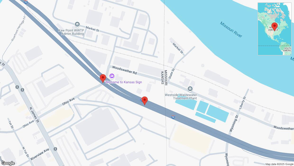 A detailed map that shows the affected road due to 'Broken down vehicle on eastbound I-70 in Kansas City' on March 21st at 1:55 p.m.