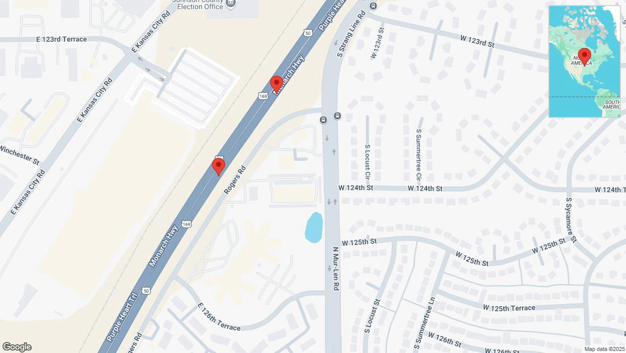 A detailed map that shows the affected road due to 'Broken down vehicle on eastbound I-35 in Olathe' on March 21st at 2:23 p.m.