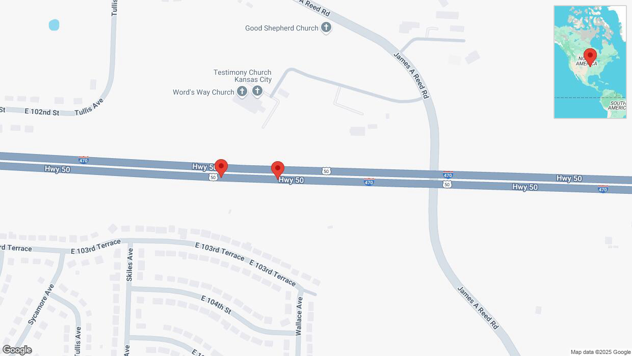 A detailed map that shows the affected road due to 'Broken down vehicle on eastbound I-470 in Kansas City' on March 21st at 3:22 p.m.