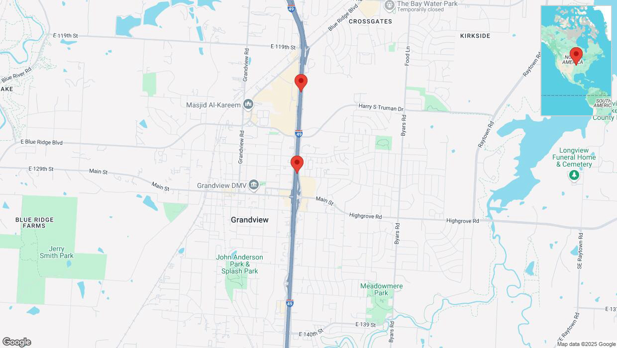 A detailed map that shows the affected road due to 'Crash reported on northbound I-40/US-71 in Grandview' on March 21st at 4:39 p.m.