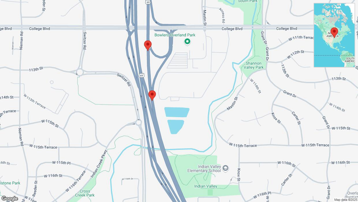 A detailed map that shows the affected road due to 'Broken down vehicle on northbound US-69 in Overland Park' on March 21st at 4:44 p.m.